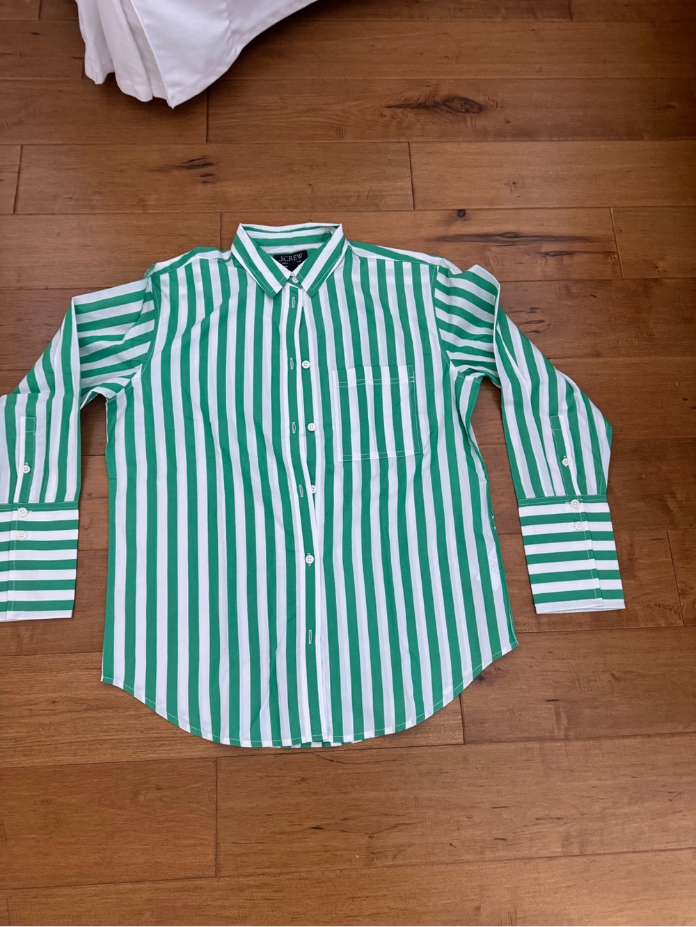 J. Crew Green and White Vertical Stripe Button-Down Shirt